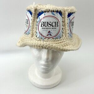Vintage 1970s Busch Beer Can Crochet Hat Handmade Folk Art (S)